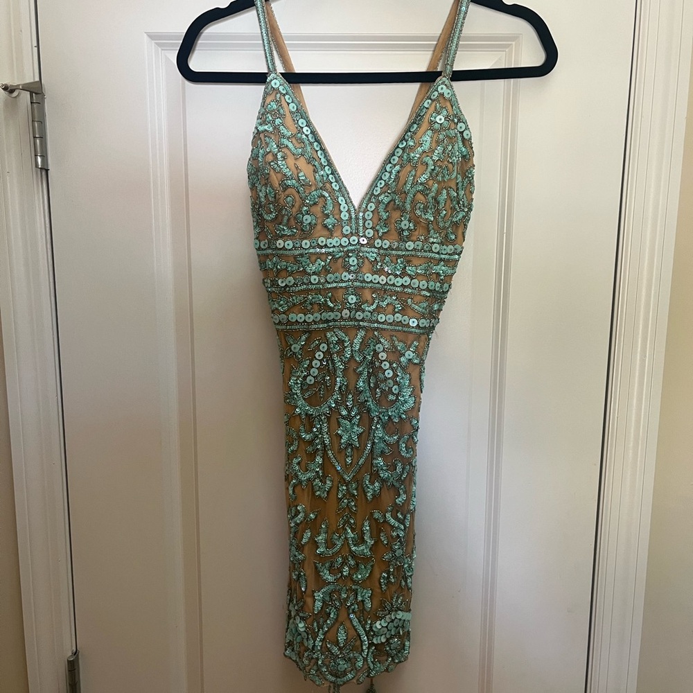 Sherri Hill Aqua and Tan Backless Dress